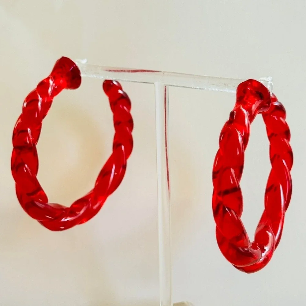 VTG Runway‎ Lucite Chunky clear red hoop Earrings large Dangle pierced retro 80s